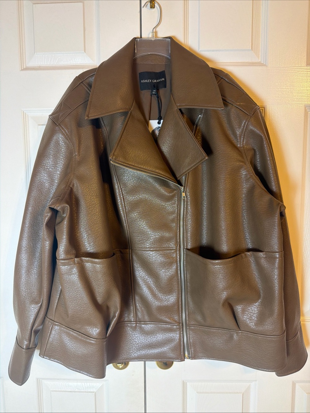 Ashley Graham Brown Faux Leather Moto Jacket Womens 2X Asymmetric Zip $240 NWT - Picture 13 of 14